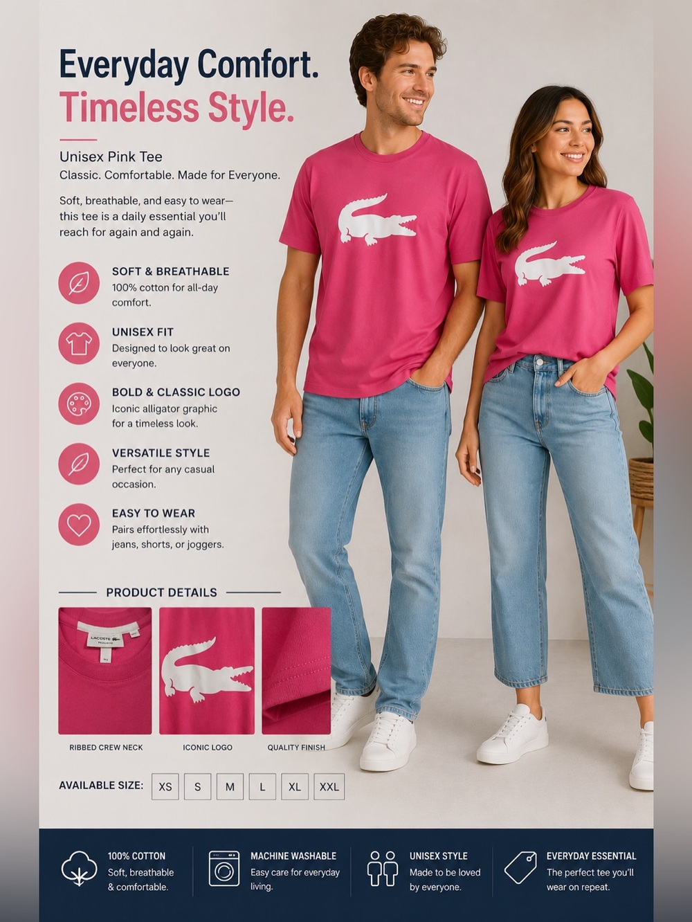 Lacoste Hot Pink Tee with White Croc Emblem